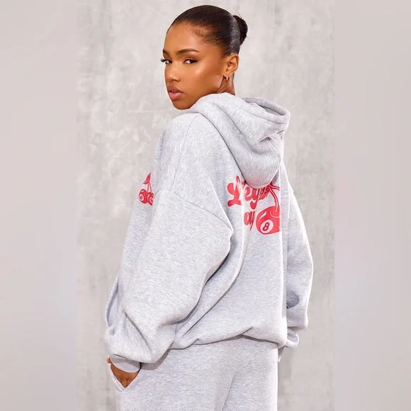 Pretty Little Thing GREY MARL CHERRY PRINT OVERSIZED HOODIE - Picture 2 of 12